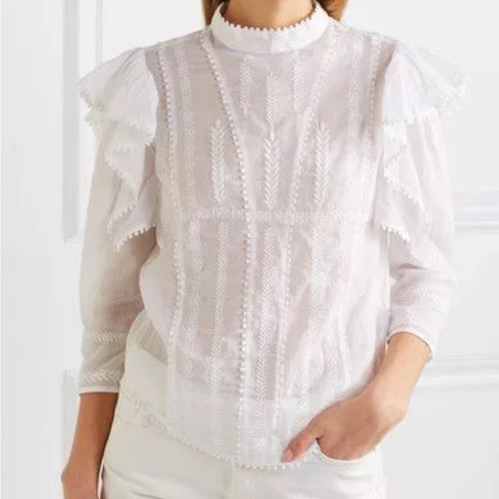 ISABEL MARANT Etoile Anny‎ Embroidered Top White Mock Neck Ruffle Blouse